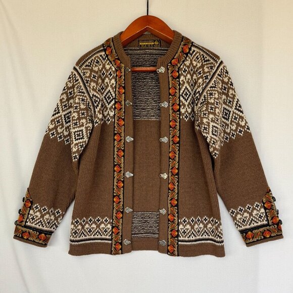 Vintage Nordstrickk Brown 100% Wool Nordic Fair Isle Silver Closure Cardigan - Picture 3 of 16